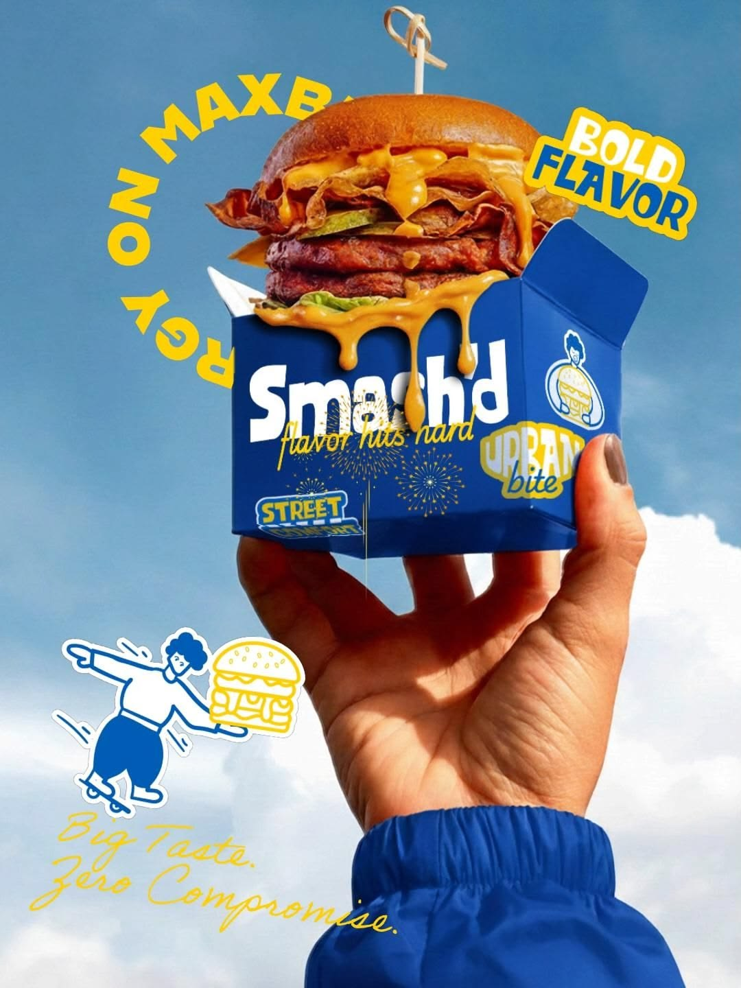 Real TechSmiths branding project: packaging and identity design for a burger brand